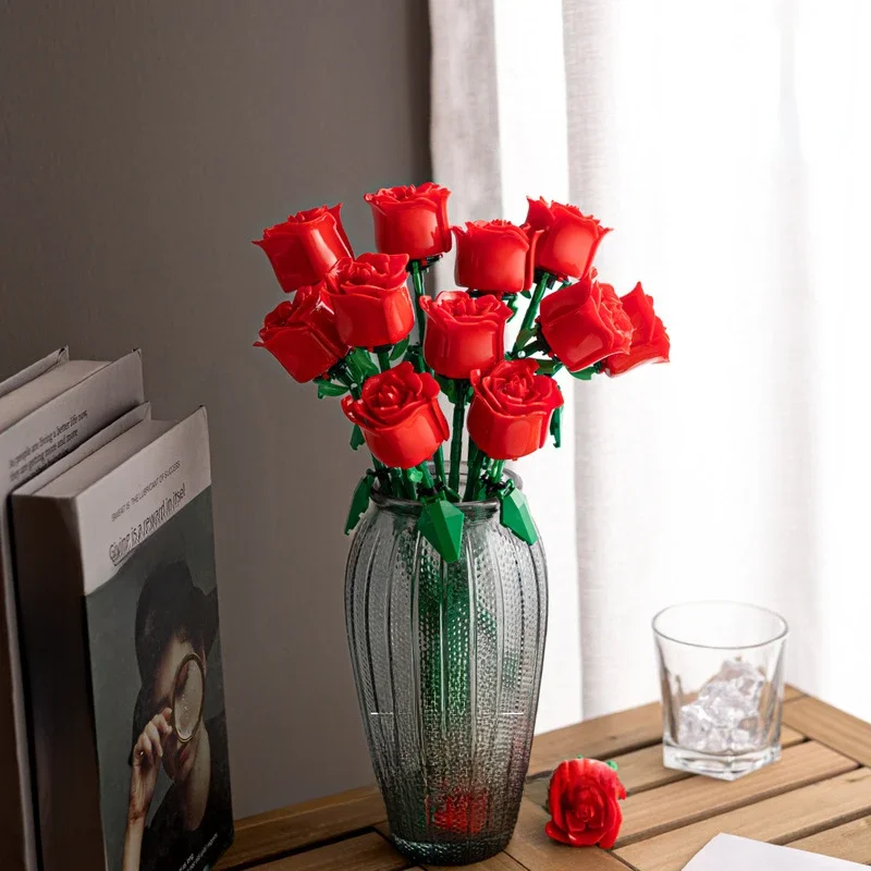 Romantyczny bukiet kwiatów róży klocki do budowy wieczny model montaż plastikowa roślina cegła Home Decor dzień matki urodziny R prezent — zdjęcie 2