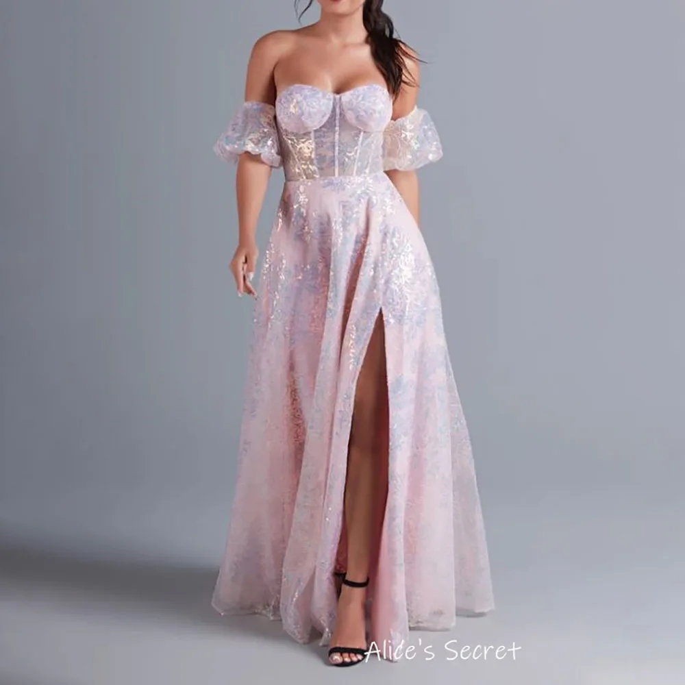 A-Line Strapless Sweetheart Detachable Puff-Sleeve Sequined Appliques Floor Length Prom Evening Dress Vestido de Fiesta Noche