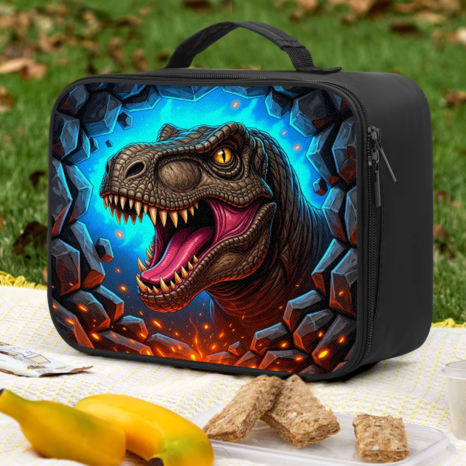Zippered Lunch Bag Black T-Rex Dinosaur Brown Roaring Breaking Rocks Cracked Stone Blue Orange Glowing Reusable Portable