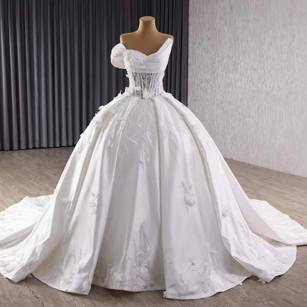 New Vestidos Noivas Satin One Shoulder Ball Gown Lace Up Back Flower Satin Off White Bridal Dress