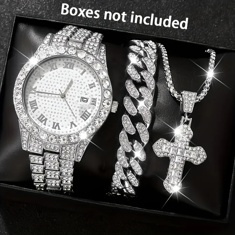 3-Piece Quartz Watch Set, Fashionable Hip-Hop Punk Watch, Cuban Chain Bracelet, Unisex Three-In-One Set, Suitable for Birthday Parties and Other Occasions