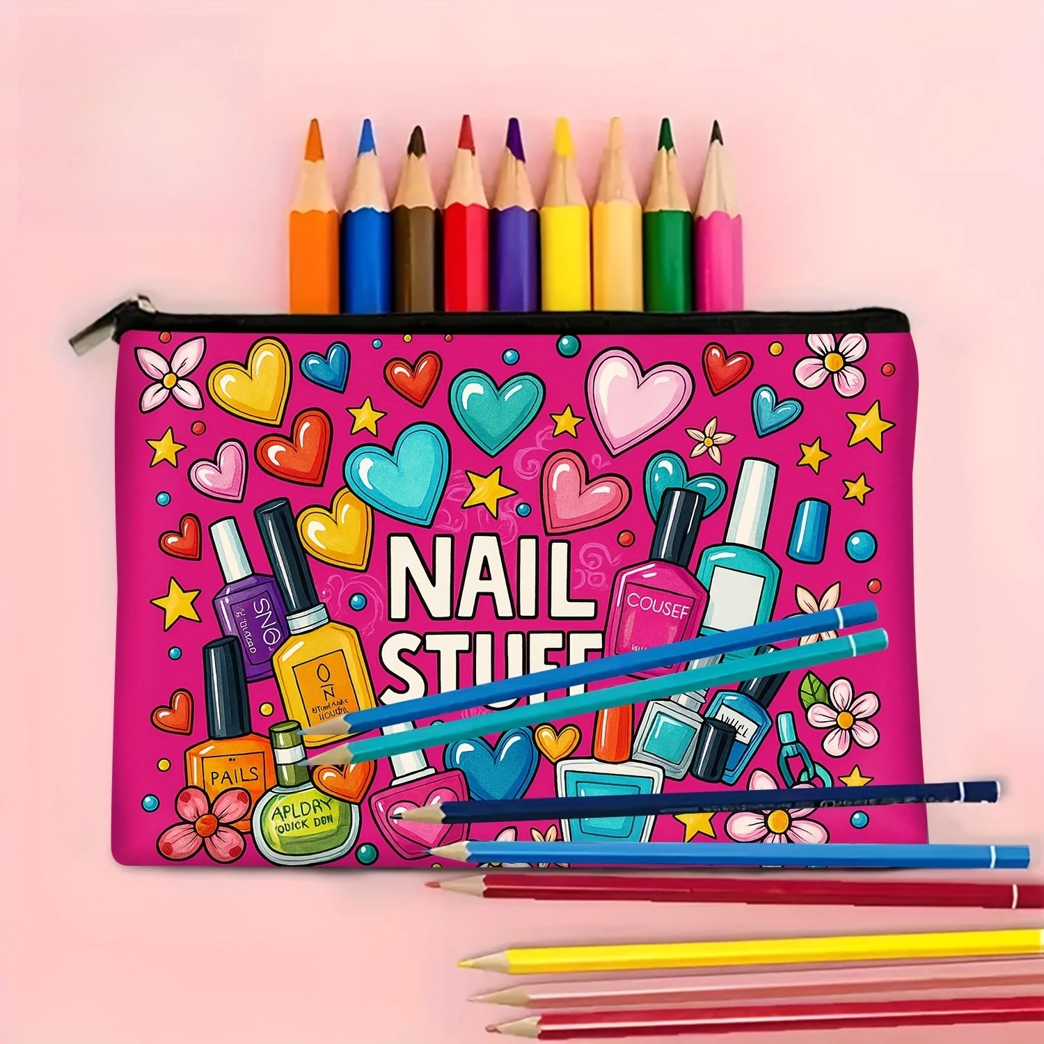 1Pc Colorful Nail Art Supplies Retro Design Multifunctional Travel Makeup Bag, Snack Storage Bag, Stationery Storage Bag, Fashionable Toiletry Bag, Canvas Double-Sided Printed Zipper Portable Small Bag