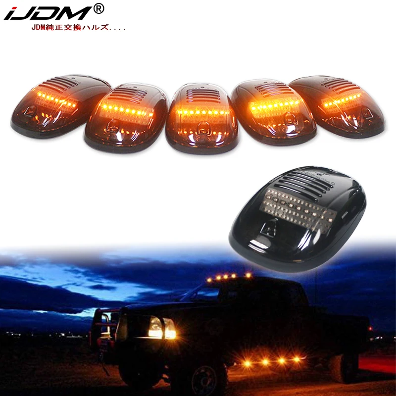 iJDM 5pcs Cab Roof Clearance Marker Lamps Full Strip LED Lights For Chevy Dodge Ford GMC Heavy Duty or Super Duty Trucks 12V