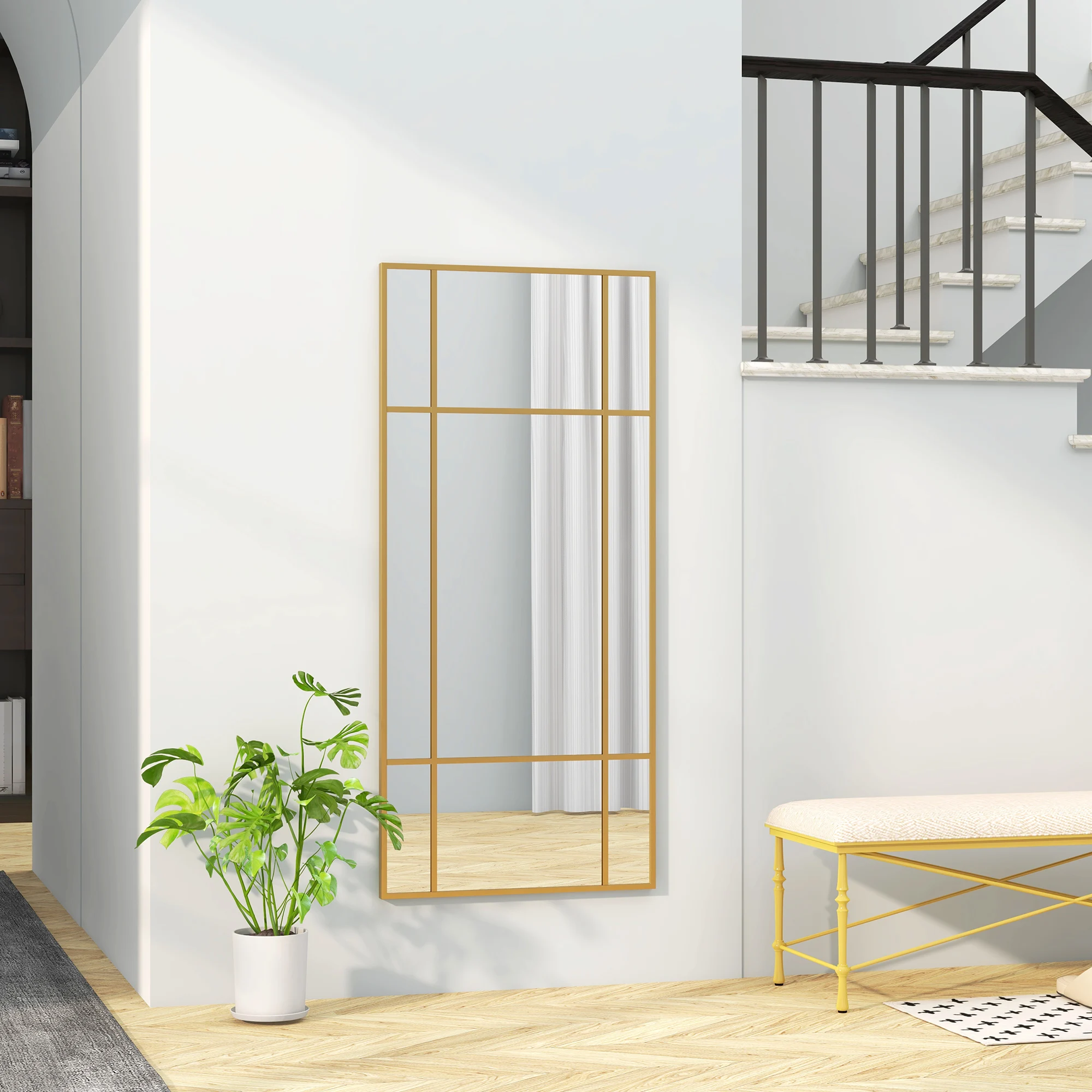 Dekorativer Goldton-Gitter-Wandspiegel, Hängender Wandspiegel mit Haken, Vielseitige Raumdekoration für Wohnzimmer, Flur, Eingangsbereich & Schlafzimmer
