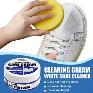 White Shoe Cleaner Cream: Stain remover & whitening for sneakers, canvas, faux leather—easy no-rinse formula.