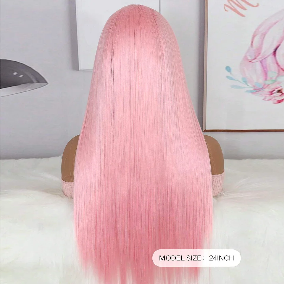 Pink Lace Front Wig Long Straight Heat Resistant Synthetic Fiber Hair Lace Wigs Daily Wear Wigs