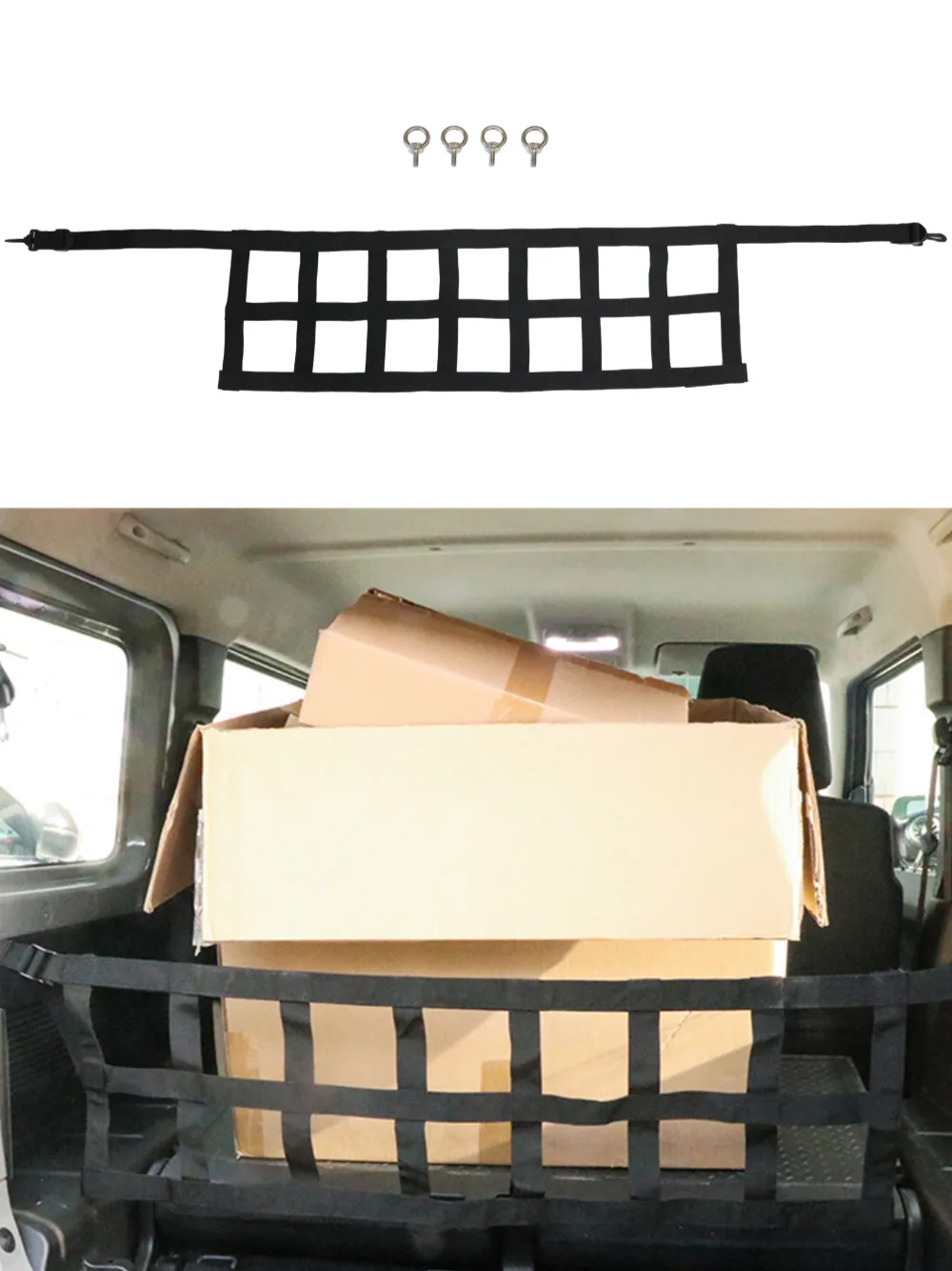 Jimny (2019+) Cargo Barrier Net (Webbing Style) — Black (Includes 4 Eye Bolts) — 2/3-Door Models — JMN002