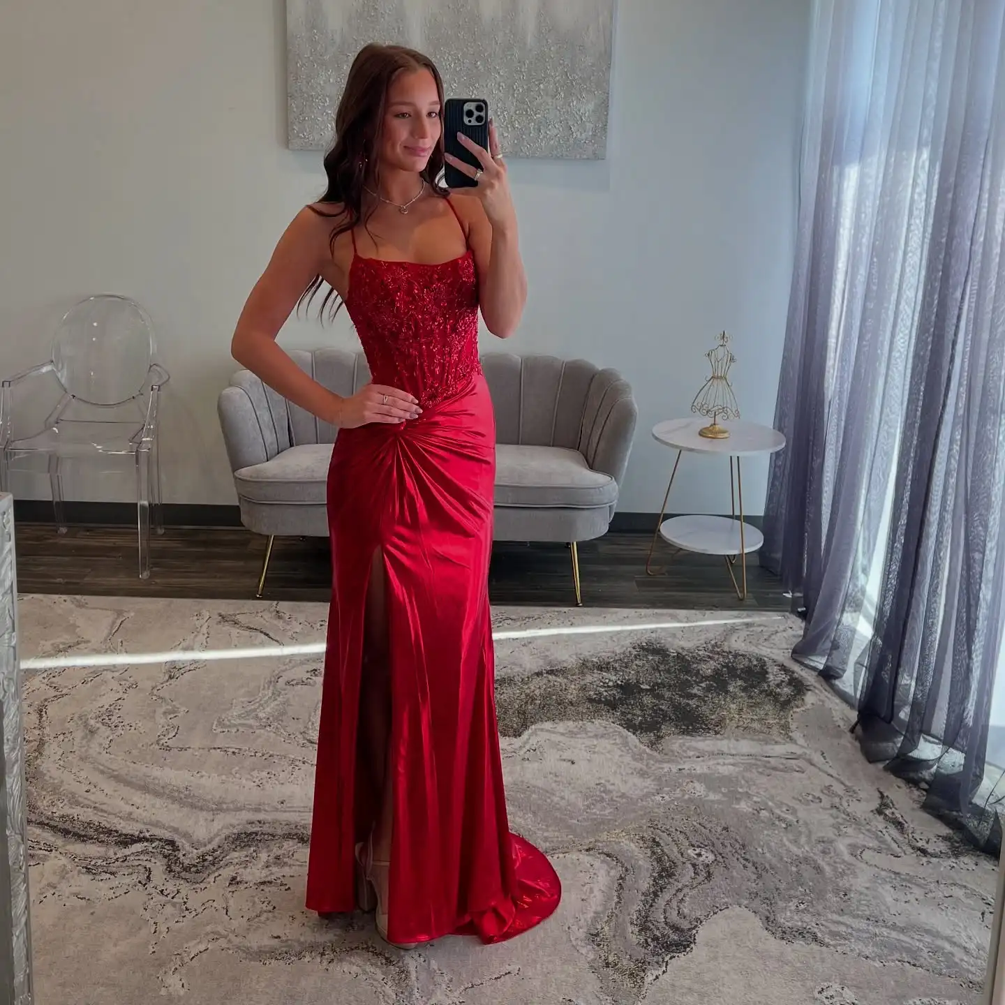 

Sharon Said Sexy Red Satin Corset Sheer Mermaid Prom Dress with Slit Beading Long Evening Party Gowns SH164 Customized
