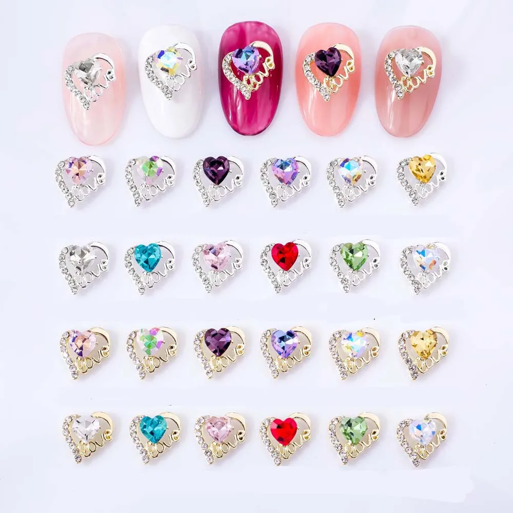 

10Pcs Silver Metal Heart-shaped Nail Art Charms 3D Alloy Valentine's Day Festival Nail Rhinestone Love Crystal Nail Decorations