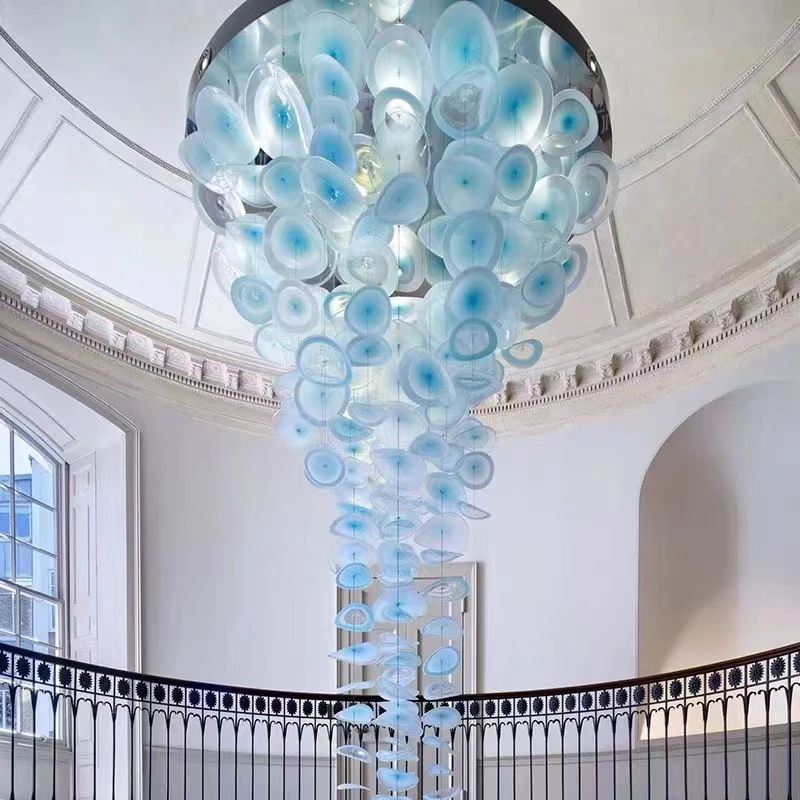 

Custom Large Blue Glass Plate Ceiling Chandelier Lamps for Staircase Villa Hotel Project Chandeliers