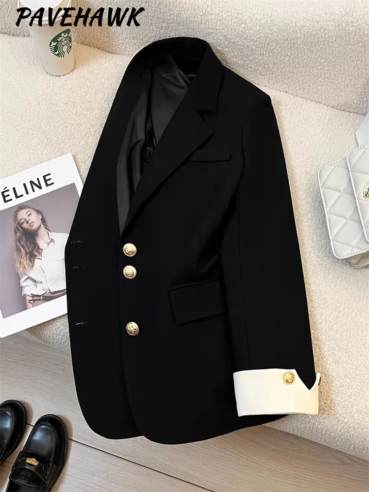 Damska odzież biurowa Casual Blazer Chic Vintage karbowany kołnierzyk odzież wierzchnia z długim rękawem luźna główna ulica kurtki jednorzędowe — zdjęcie 2
