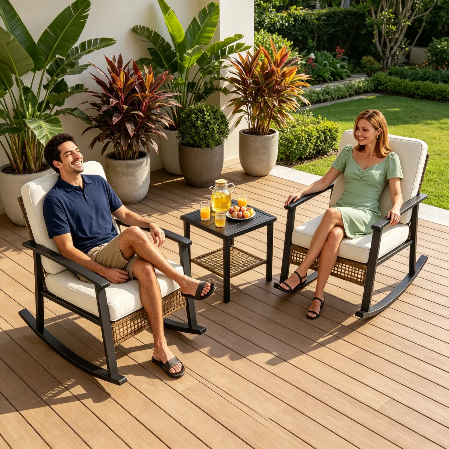 3 Piece Outdoor Rocking Bistro Set Patio Furniture With Coffee Table And Thick Cushions Wicker Rocking Chairs Set Of 2 For Garden Balcony Backyard Poolside Beige
