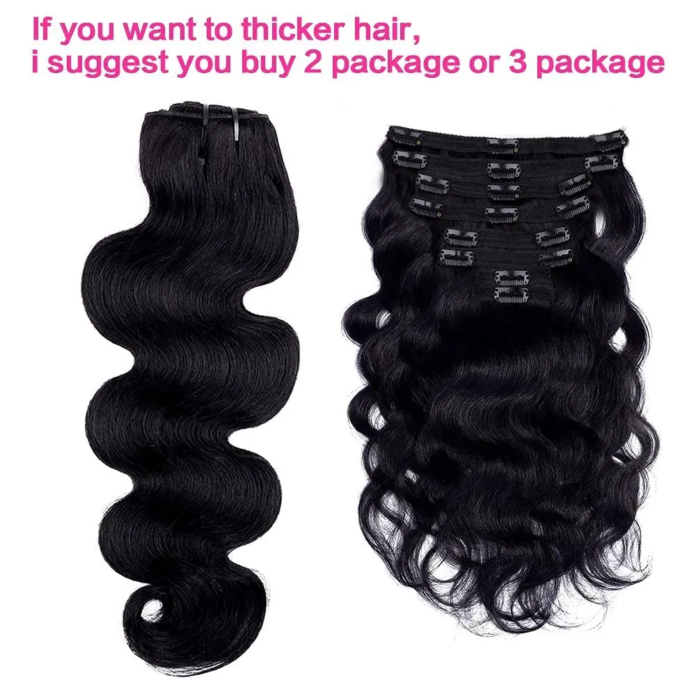 Extensions de cheveux brésiliens Body Wave à clipser, cheveux vierges, document noir naturel, tête complète, 8 pièces avec 18clips, 120 g