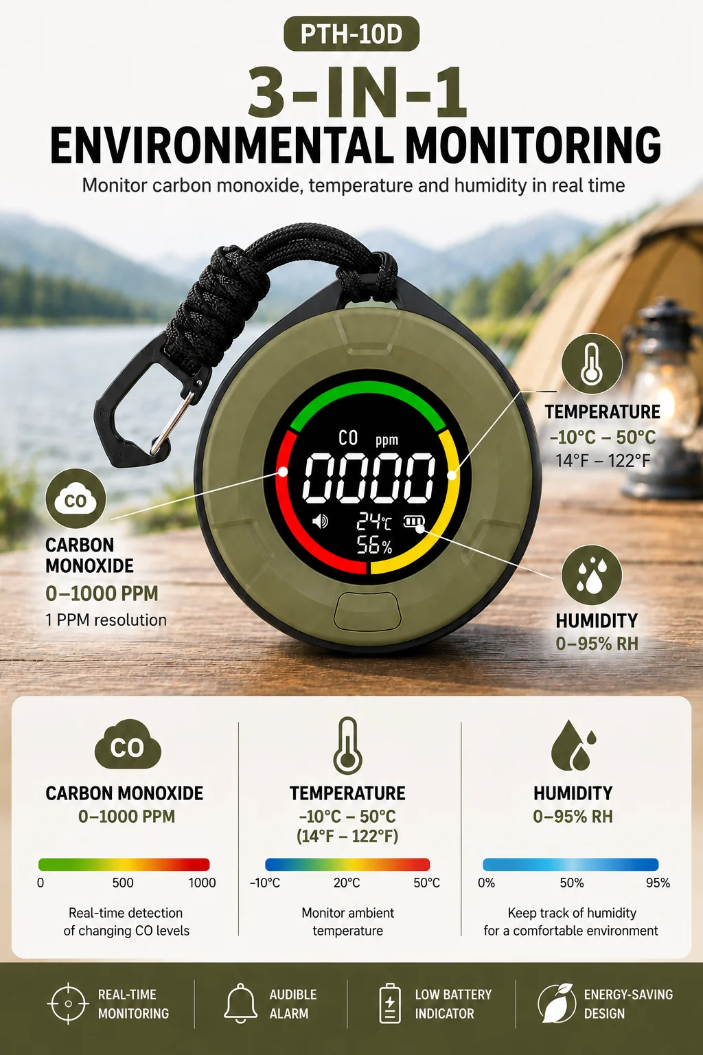 FABISENSE CO-Detektor 10D Camping Kohlenmonoxid-Lecksucher mit Magnetischer Befestigung Temperatur- & Feuchtigkeitssensor für Zuhause & Wohnmobil – Detail 3
