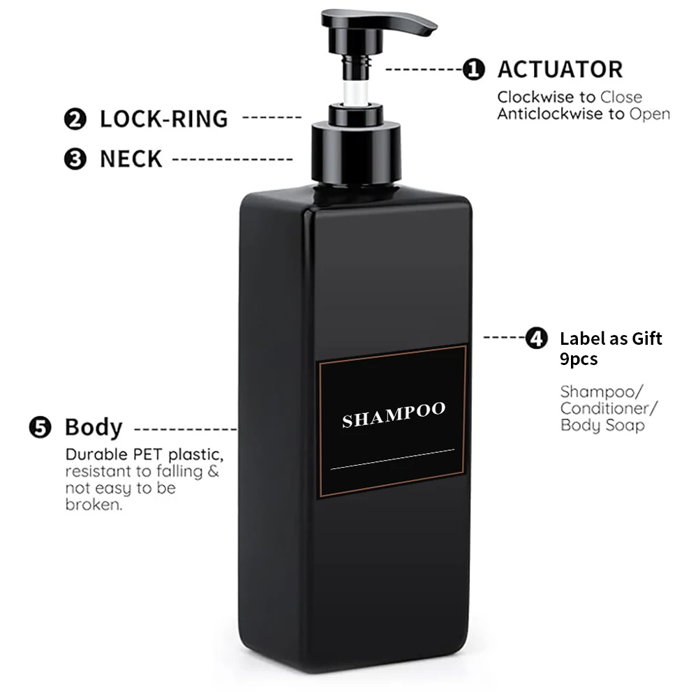 3Pcs 17.6 UK FL OZ 3 PCS Soap Dispenser with Pump and Waterproof Labels Refillable Shampoo and Conditioner Bottles
