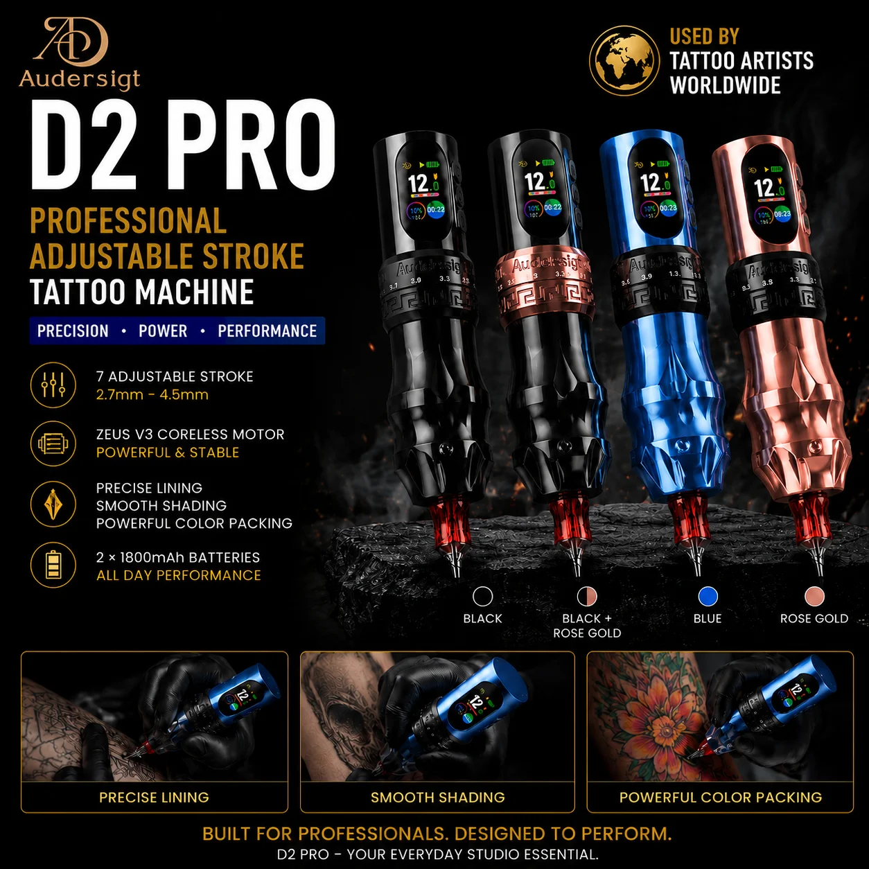 Audersigt D2 Pro Wireless Rotary Tattoo Machine Pen Single Dual Control System 1800mAh Rechargeable Tattoo Pen for Tattoo Artist