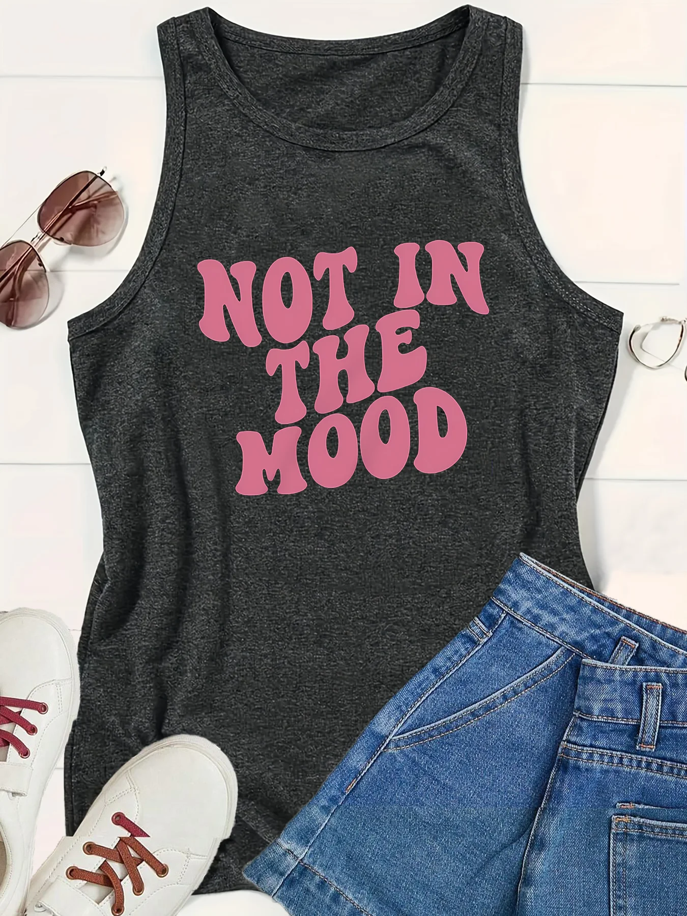 Not In The Mood Women's Fashion Graphic Letter Loose O Neck Sleeveless Casual Women's Tank Top