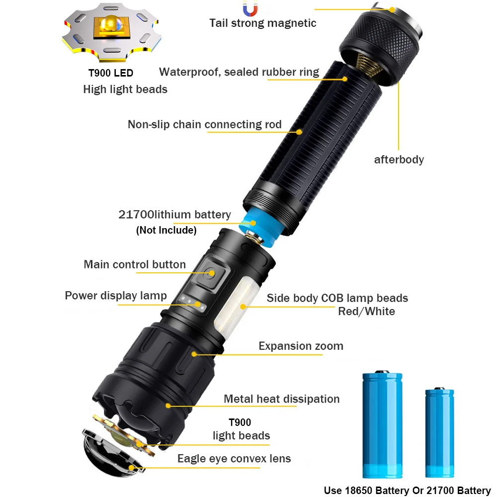 300w Powerful LED Flashlight 1500 Meter Torch Hard Light Tactical Flashlights 21700 Battery Dimmable Waterproof Long Shot Lamp