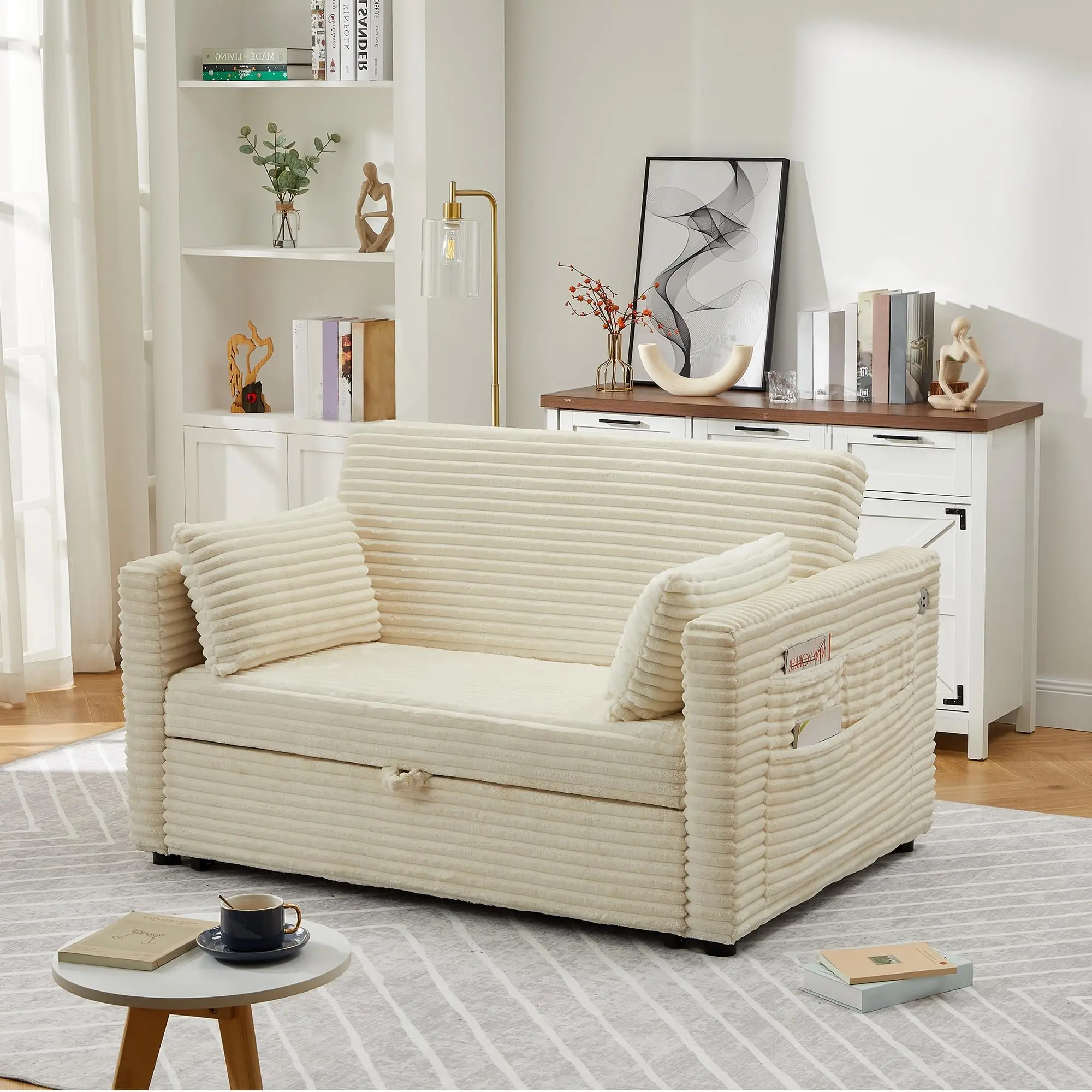 Schlafsofa 2 Sitzer, Ausziehbare Couch Mit Schlaffunktion & Metallrahmen 140Px43Hx180L cm Stabil & Platzsparend,Gästebett für Wohnzimmer, Seitentaschen &2 Kissen, Schnelle Montage