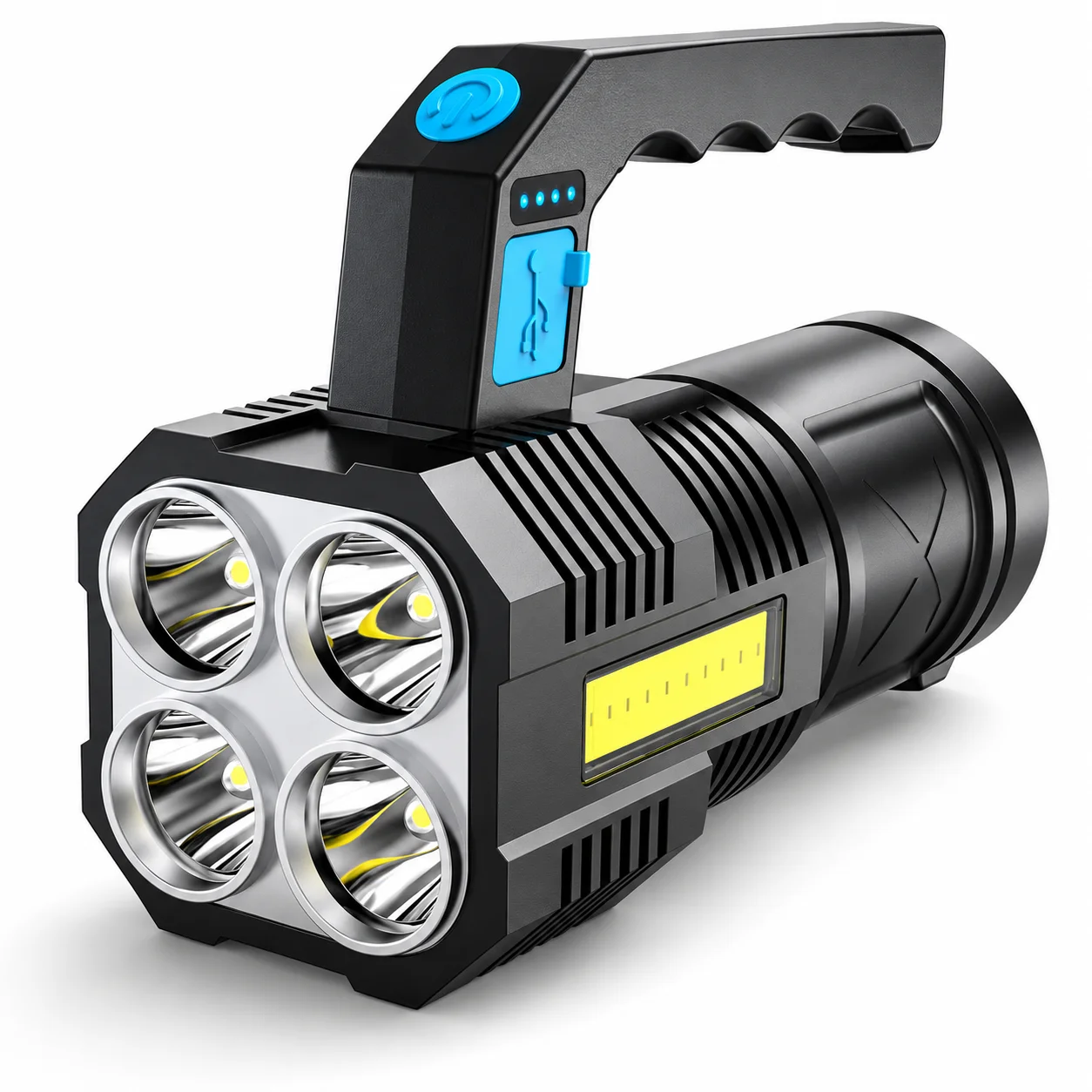 Rechargeable LED Spotlight Flashlight, 4 LED High Power Search Light with COB Side Work Light, USB Charging Portable Handheld Torch with Battery Indicator, Bright Outdoor Flashlight for Camping, Emergency, Garage, Hiking and Car Repair