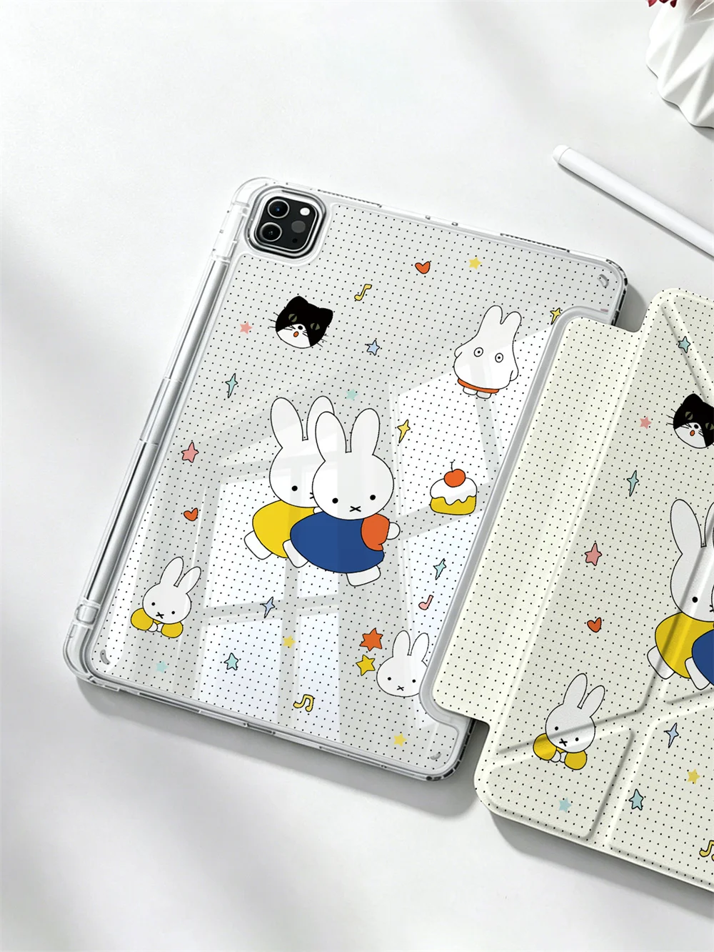 Kawaii Miffy Dot Background Star Cat Print Crystal Clear Y-fold Double-sided Print Case For iPad Pro 11 Air4 Air5 10 Gen With Pe
