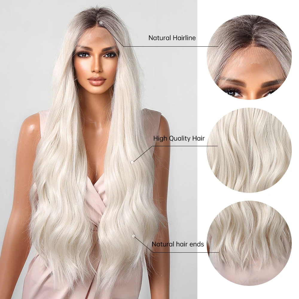 Long Curly Synthetic Lace Wig Platinum White Natural Wave Futural Wig with Dark Roots for Women Cosplay Heat Resistant Lace Hair