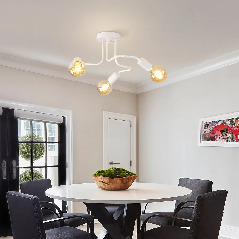 Lampada da soffitto industriale, lampadario in bianco 3 E27, plafoniera retrò per camera da letto, soggiorno, cucina, forma curva, diamante