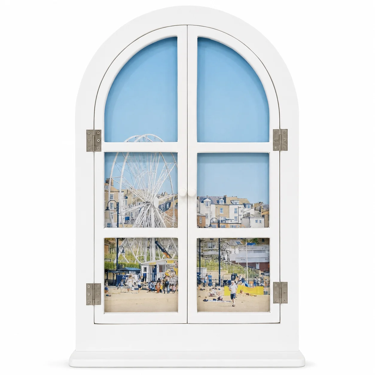 Vintage Arched Faux Window Wall Decor with Opening Double Doors,White MDF Decorative Window Frame with Coastal Artwork,50 × 80cm