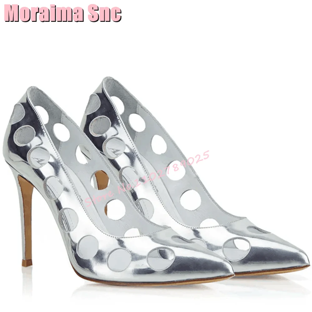 Sexy Hollow Pointed Toe Shallow Pumps Eyelets Stiletto High Heels Slip On Fashion Silver Women's Dress Shoes Banquet Party 2024