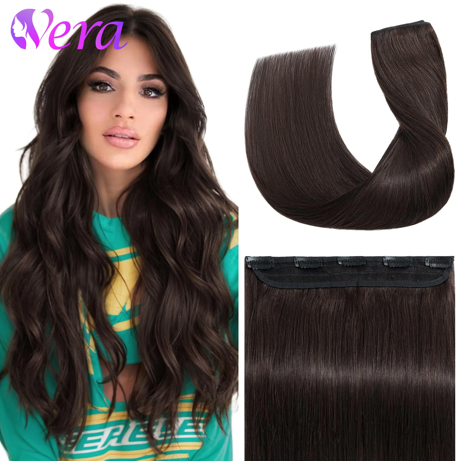 One Piece Hair Extensions Clip Ins Human Hair 5 Clips 3/4 Full Head Clip On Dark Brown Color Remy Hair Extensions For Women