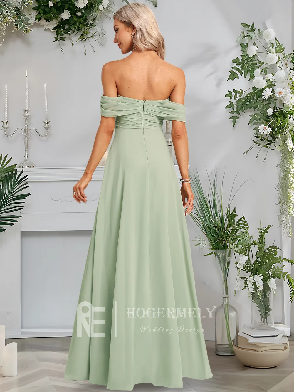 

B Elegant Celadon Off Shoulder Floor-Length Chiffon Bridesmaid Dresses With Ruffle Boning Wedding Guest Cocktail Party Dress