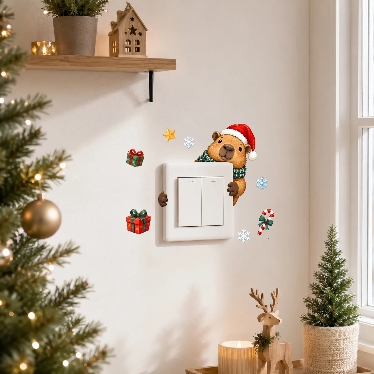 Christmas Capybara Wall Decal Cute Animal Peeking Bear Wall Sticker Santa Hat Holiday Xmas Door Room Decor Removable