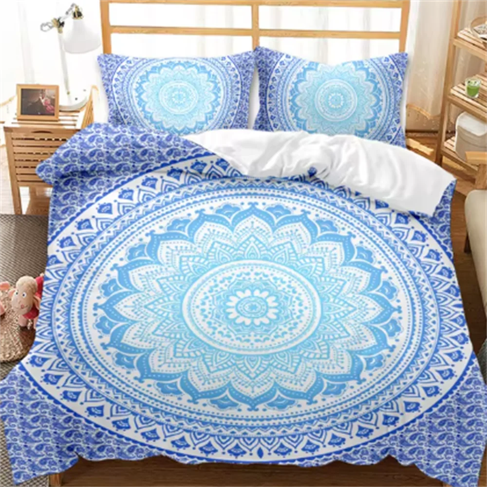 Bohemian Mandala Duvet Cover Set Twin Queen King Full Size,Blue Boho Chic Microfiber Bedding Set for Boys, Girls, Kids and Teens