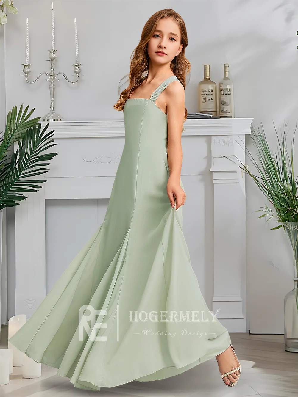 

B Celadon A Line Junior Bridesmaid Dress Flower Girl Dress Chiffon Square Neck With Elegant Design For Girls Formal Wear