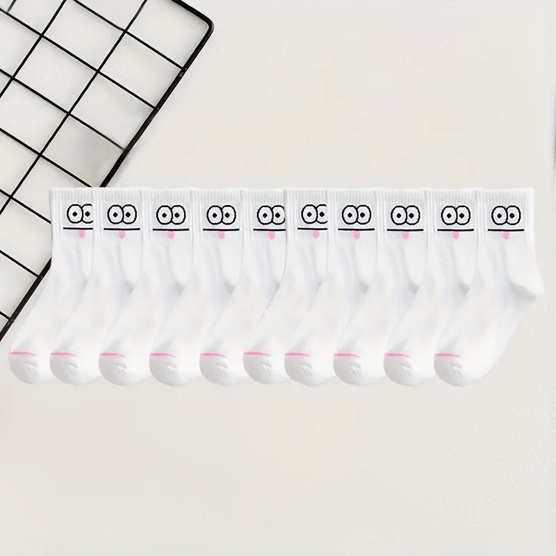 5 قطع من جوارب الكاحل الكرتونية ذات العين الكبيرة - راحة مسامية لجميع المواسم، تصميم وجه مبتسم لطيف، ألوان متنوعة (أسود/أبيض/وردي/ #6