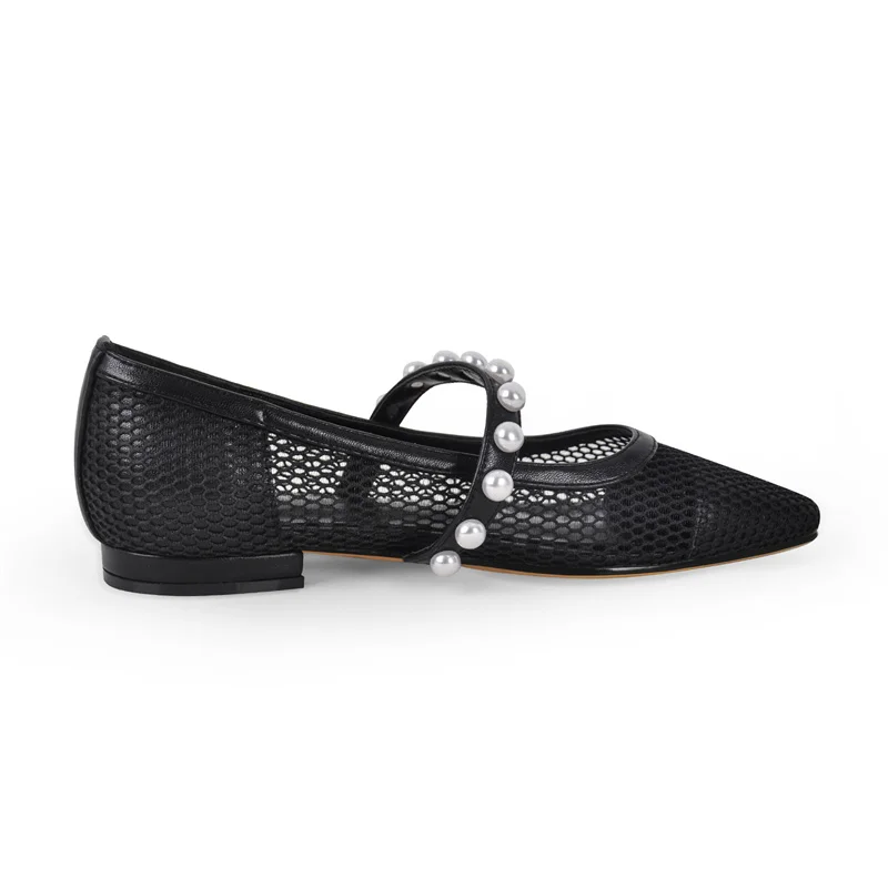 Onlymaker Woman Square Toe Flats Pearl Belt Mesh Flats Handmade Buckle Breathable Comfort Mary Jane Shoes
