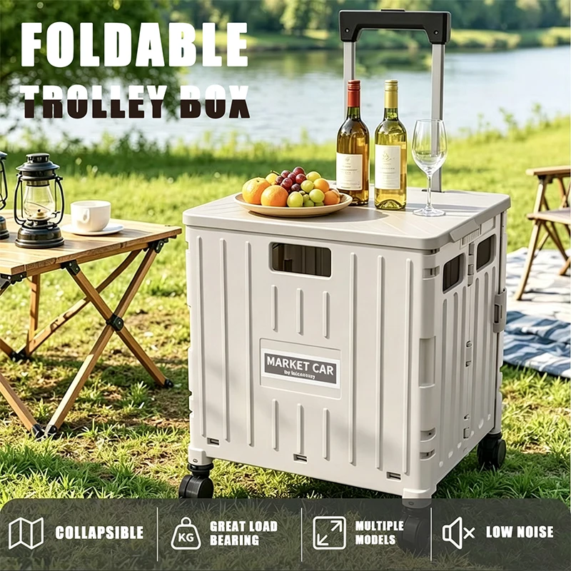 Wheeled Foldable Storage Crate Trolley, Collapsible Market Shopping Cart with Telescopic Pull Handle, Lightweight Rolling Box for Picnic, Camping and Daily Grocery