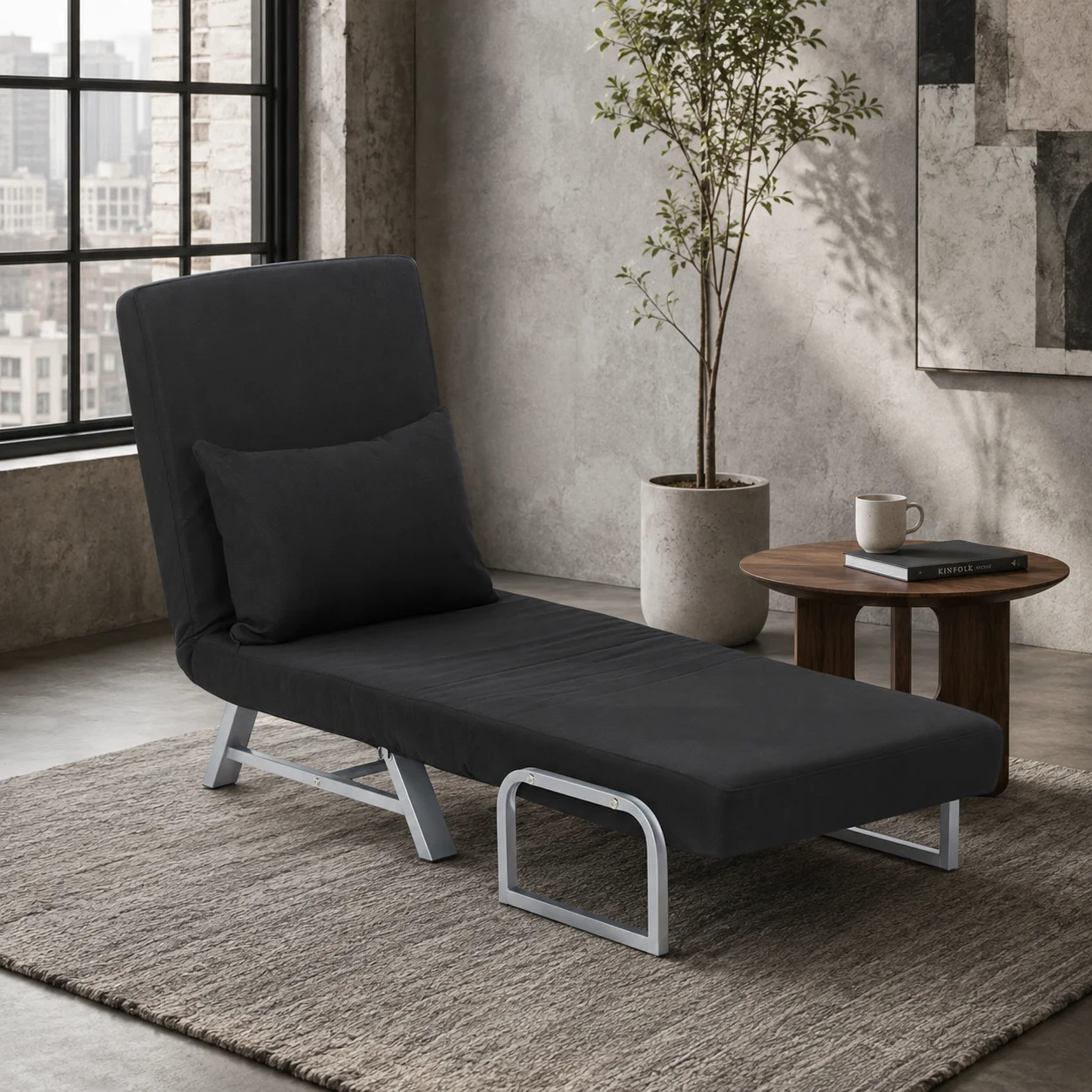 Fauteuil chauffeuse canapé-lit Convertible inclinable 1 Place Coussin lombaires accoudoirs piètement métal Lin Noir