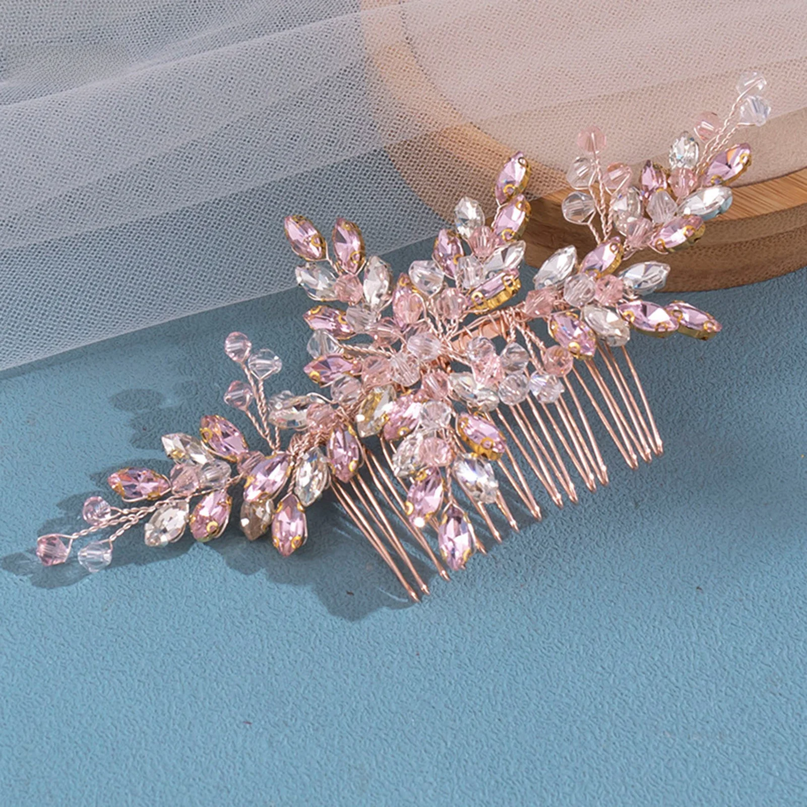Błyszczący kryształowy grzebień do włosów ślubne akcesoria do włosów Rhinestone spinki do włosów nakrycie głowy nakrycie głowy różowy/srebrny kolor Barrettes biżuteria — zdjęcie 2