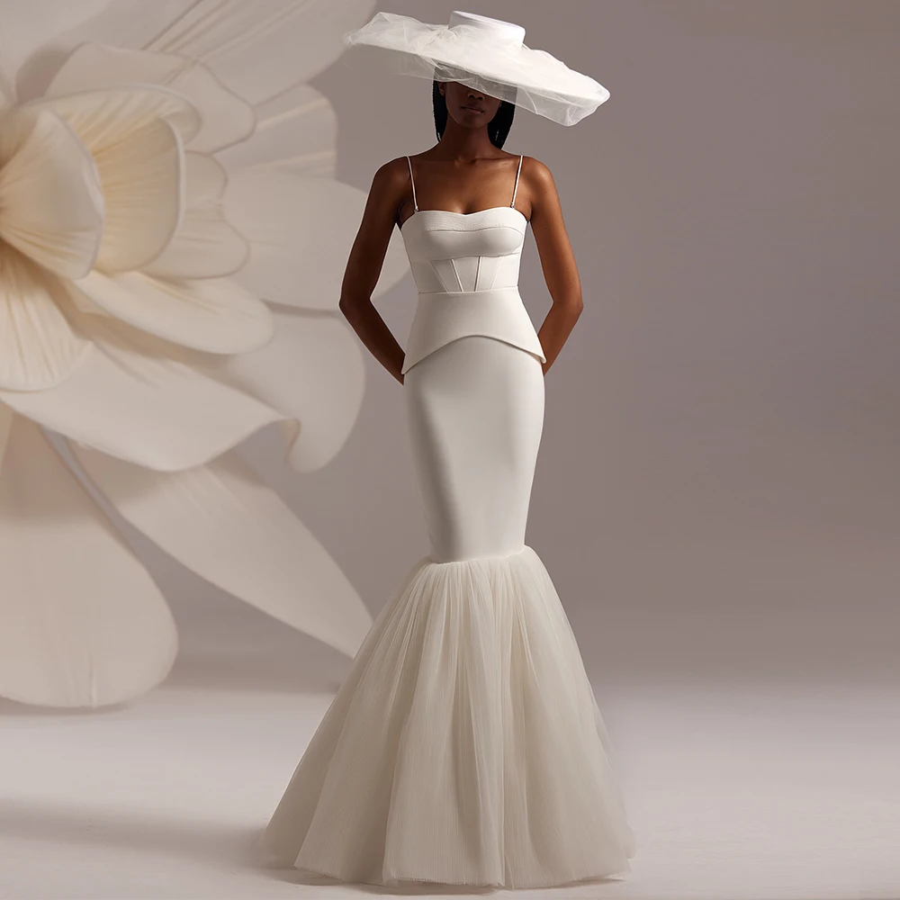 Mermaid Wedding Dress Elegant Lvory Satin Net Ruched Wedding Party Mermaid Spaghetti strap Boho Wedding Dresses