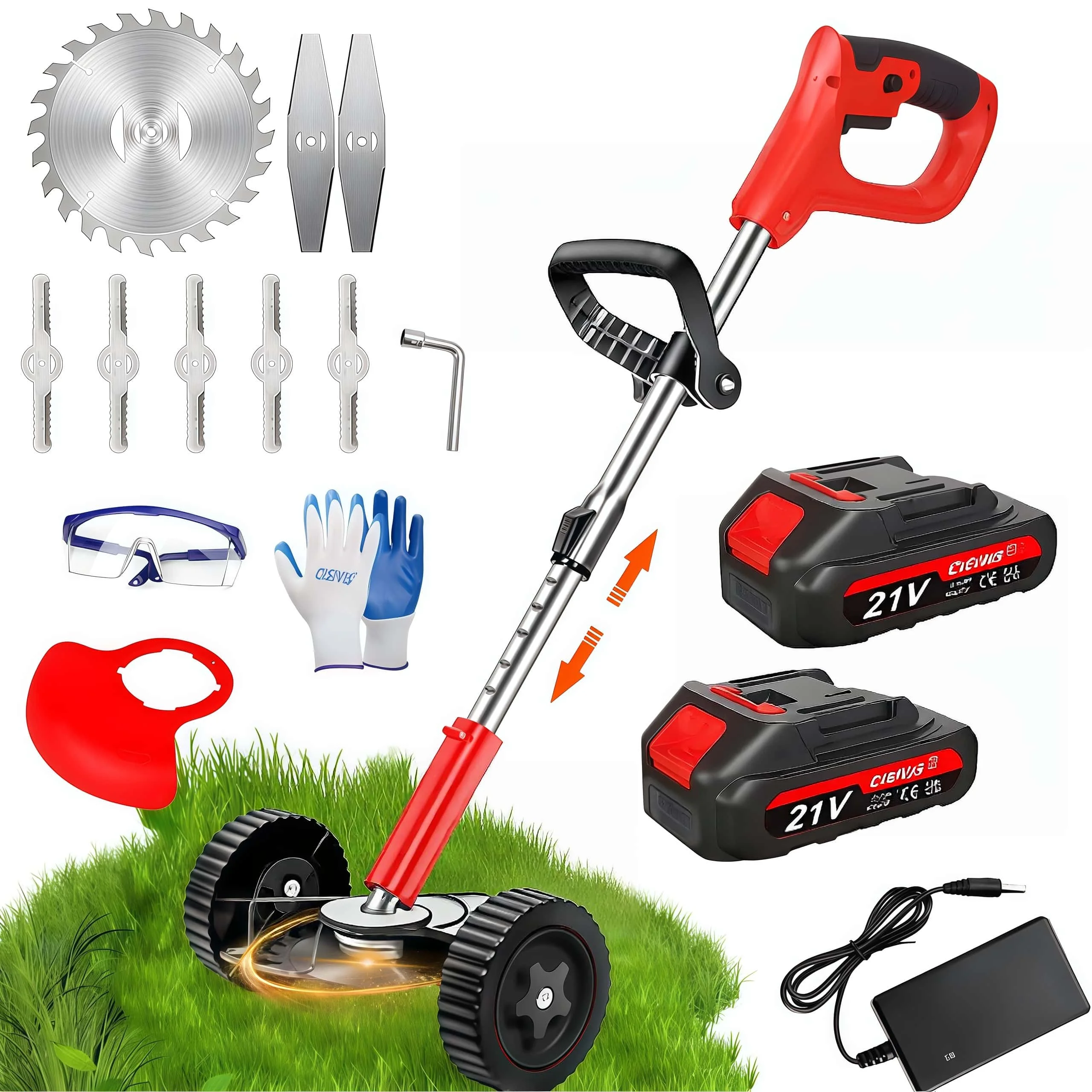 3-in-1 Akku-Rasenmäher, 21V Akku-Rasentrimmer, Rasenkantenschneider und Freischneider mit 2 x 2000mAh Akkus, 3 Klingen und abnehmbaren Rädern, leises elektrisches Gartengerät für die Rasen- und