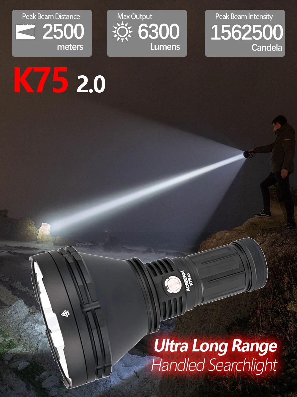 ACEBEAM K75 2.0 2500 Meter Suchscheinwerfer mit extrem großer Reichweite, 6300 Lumen, helle LED-Taschenlampe, leistungsstarke Taschenlampen