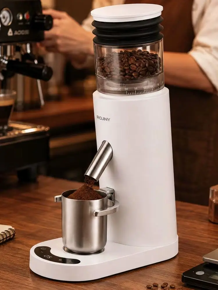 ROUNY Elektrische Kaffeemühle, Kaffeemühle mit Edelstahlmahlwerk, einstellbare Mahlgradeinstellung für Espresso, Filterkaffee und French Press.