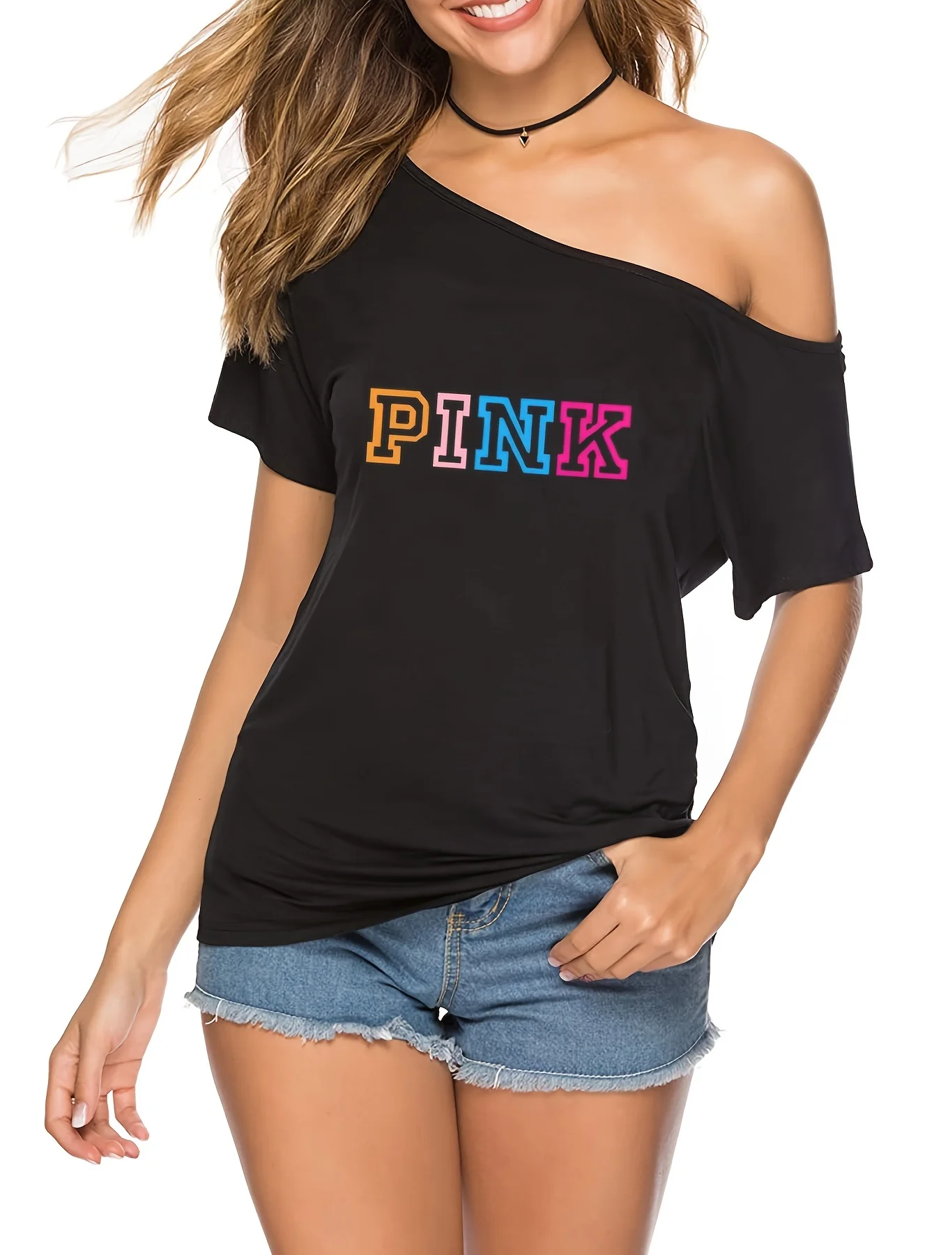 PINK Print Woman Love off the Shoulder T Shirts Top Clothes for Costume