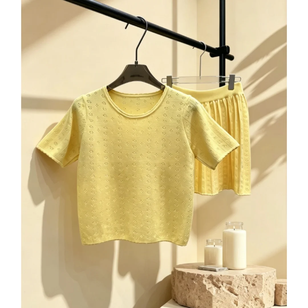 

Summer New Women's Fashion Hollowed-out Knitted Short-sleeved Skirt Set