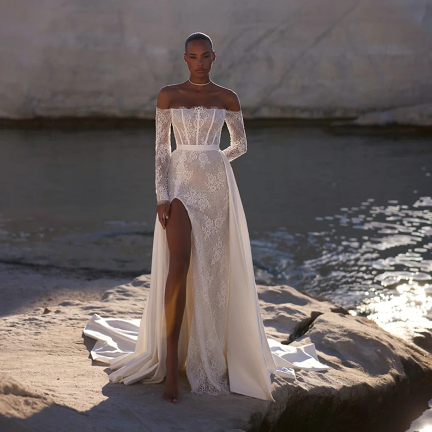 

Sharon Said Classic Side Slit Off White Wedding Dress 2025 Long Sleeve With Detachable OverSkirt Bride Gowns SW225 Customized