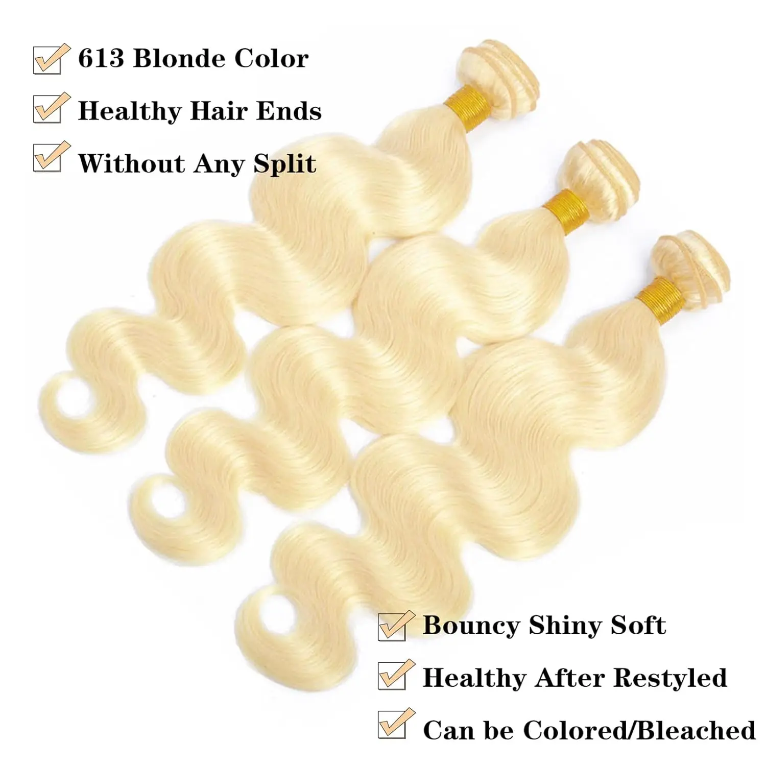 Bundles brésiliens de vague de corps de cheveux humains pour les femmes, 613 blond, vierge, extensions de cheveux, 3 faisceaux, 613