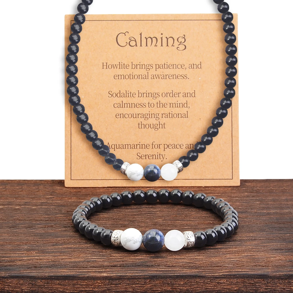 2pcs/set Obsidian Hematite Natural Stone Bracelet Necklace Set