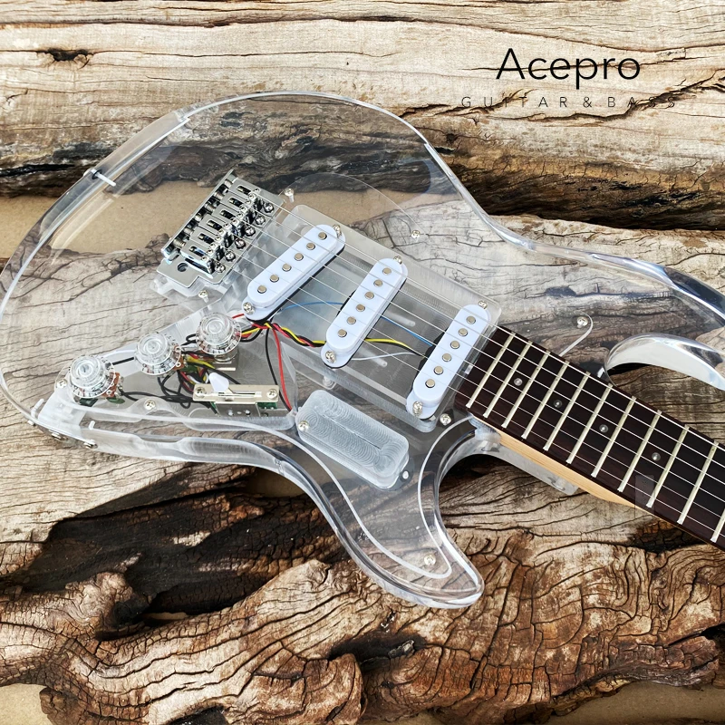 In Stock Acepro Colorful LEDs Light Electric Guitar, Acrylic Body Crystal Guitar, Transparent Pickguard, Free Shipping Guitarra