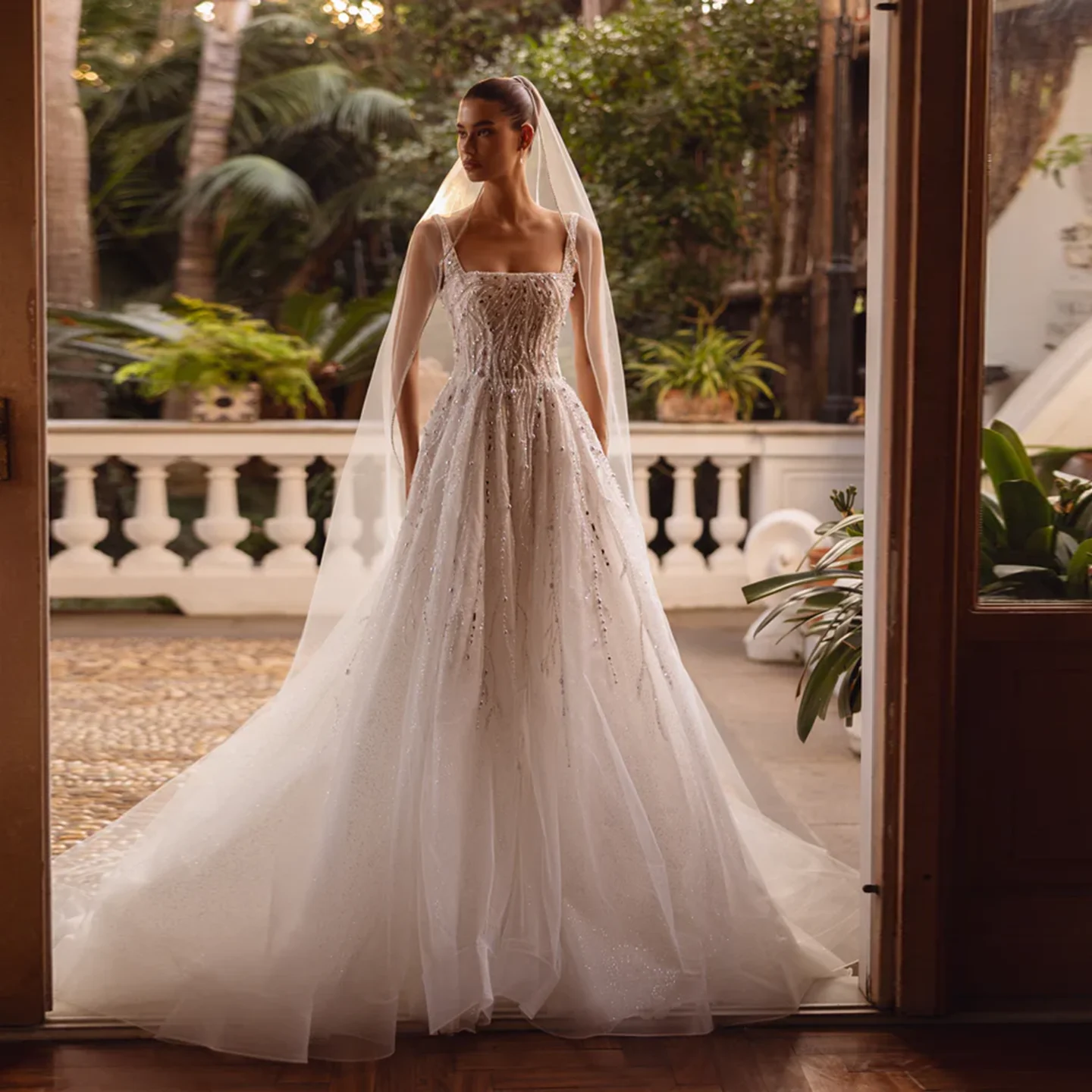 

Sharon Said 2025 High Quality A-Line Off White Tulle Wedding Dress Elegant Square Collar Crytals Bride Gowns SW369 Customized